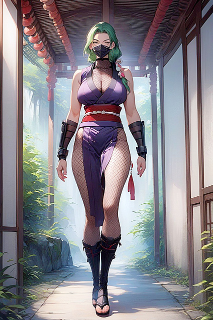 Long Green Hair Beauty with Natural Saggy Boobs Bound Low for Perfect Hentai Pleasure
