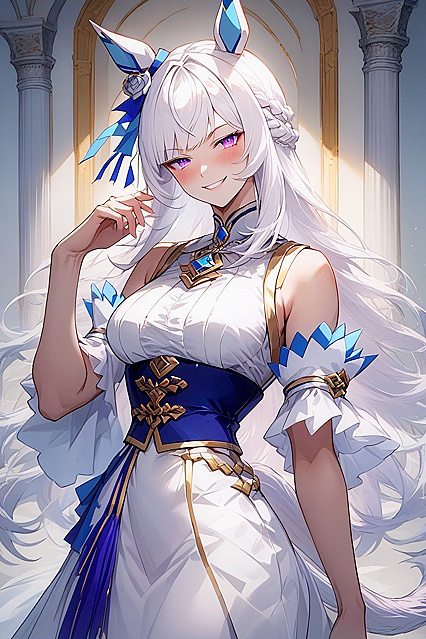 Mischievous White-Haired Beauty Smiles and Blushes in Hot Hentai Picture