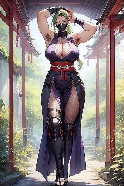 Sensual Curvy Babe in Black Ninja Mask with Natural Underarms Enjoying Hentai Pleasure