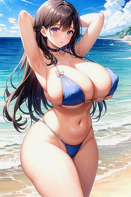 Topless Beauty With Massive Breasts Enjoys Steamy Beach Hentai Picture