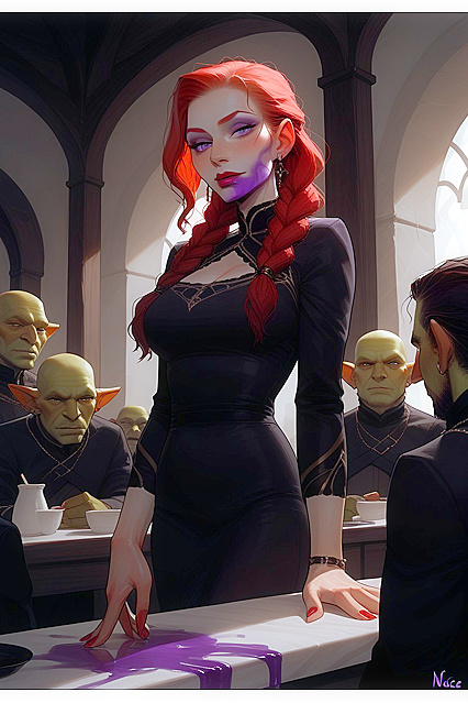 Incense Style, Girl 18+ with Purple Hair and Two Braids Wears Black Dress forSTEAMY Hentai Images