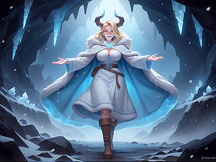Monster Woman Spreads Her Arms in a White Fur Hooded Cape for Steamy Hentai Picture