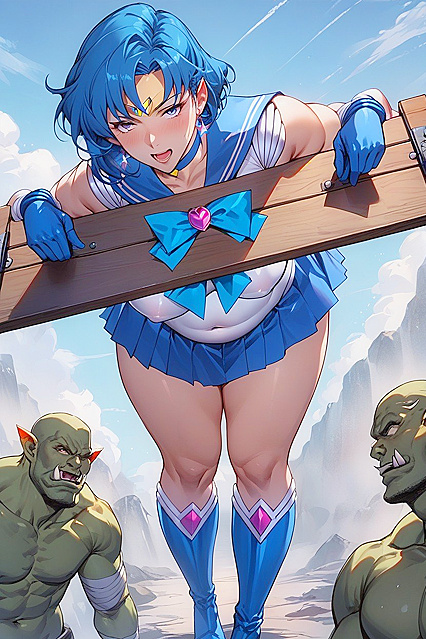 Fighting Head Orc in Knee-High Blue Boots While Bound in Pillory Pose Hentai