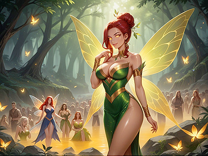 Fairy in Glowing Orange Outfit Surrounded by Crowds in hentai Picture