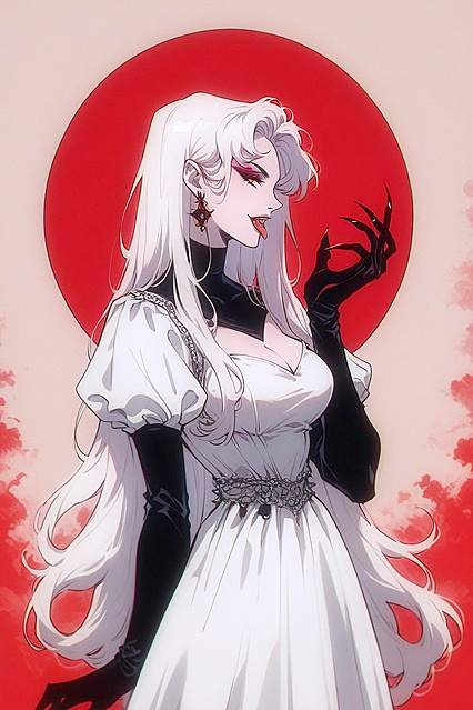 White-Haired Beauty in a Pure White Dress Strikes Lustful Poses in hentai AI Picture