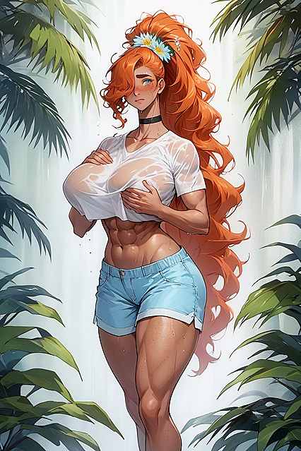 Wet Crop Top Tempts in Seductive Long Sidelocks Hentai Image