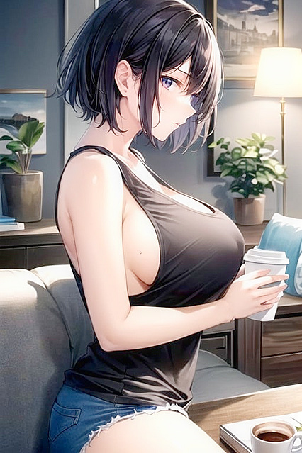 Black-Haired Beauty Shows Off Side Boobs in Living Room Hentai Picture