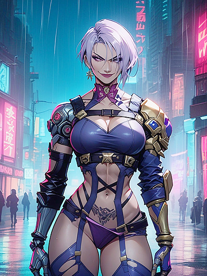 Purple-Eyed Beauty Smirks in Cyberpunk City for Steamy Hentai Picture