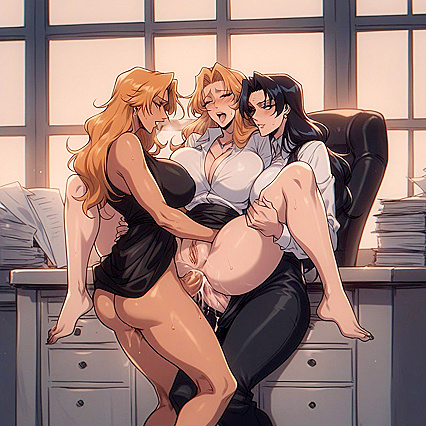Two Tanned Futanari Fuck Pale Woman, Dripping Wet in Sweaty Hentai Picture