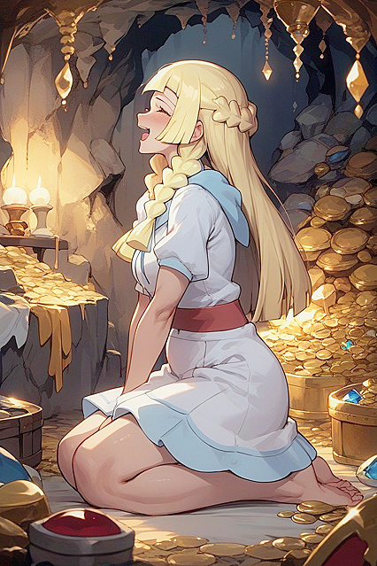 Kneeling Side View in a Treasure-Filled Moshy Cave for Hentai Pleasure