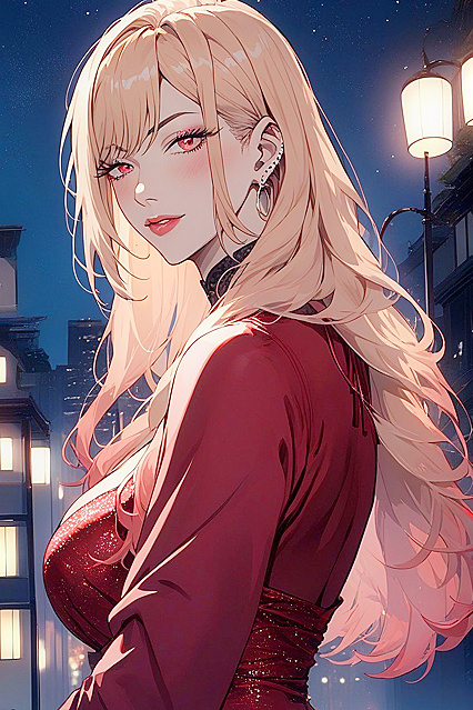 Busty Babe in Red Heels Stares Down at Night City in Steamy Hentai Image