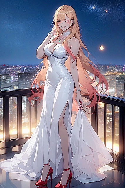 Kitagawa Marin in Red Silk Dress Seduces Under Moonlight in Sultry Hentai Images