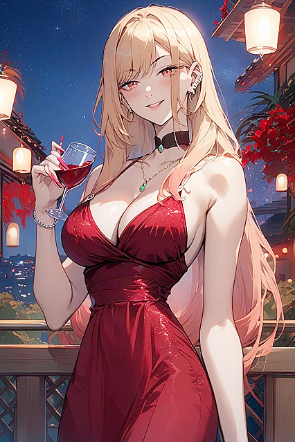 Kitagawa Marin Sips Red Wine in Silky Evening Dress for Steamy Hentai Pleasure