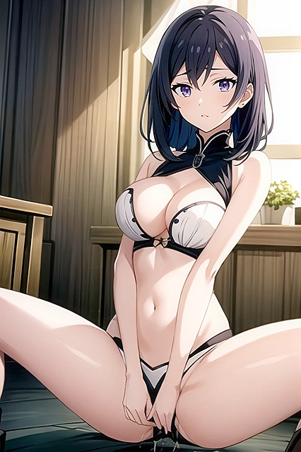 Seductive Black-Haired Beauty with Purple Eyes and Exposed Navel in Hentai Bliss