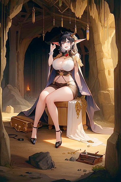 Exploring the Midnight Cave – Seductive Sitdown on a Treasure Chest in Full Body Hentai