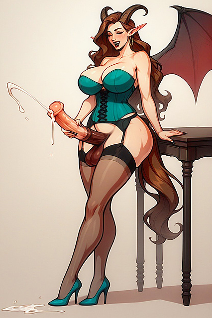 Futanari with Goat Horns and Teal Corset Rides Multiple Cocks in Hentai ecstasy