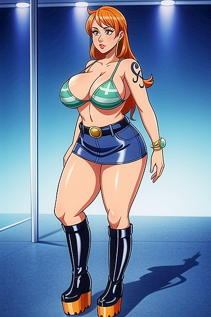 Huge Fake Bosoms on Display in No-Pants Side View Hentai Picture