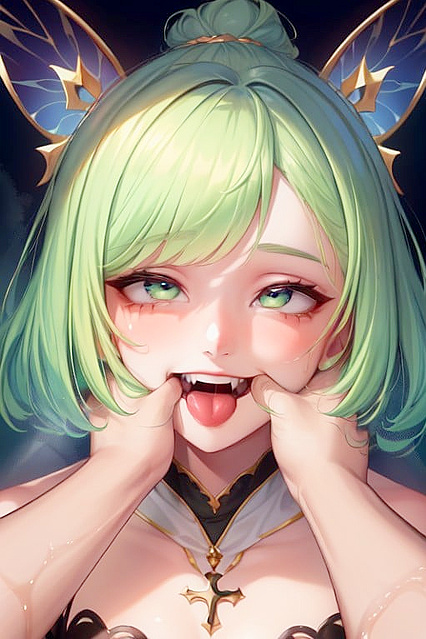 Ahegao Hentai AI with Green Hair Sucking Thumb in Erotic Scene