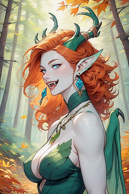 Green Dragon Tail and Forest Deer Horns Tease Her Large Ass in Hentai Picture