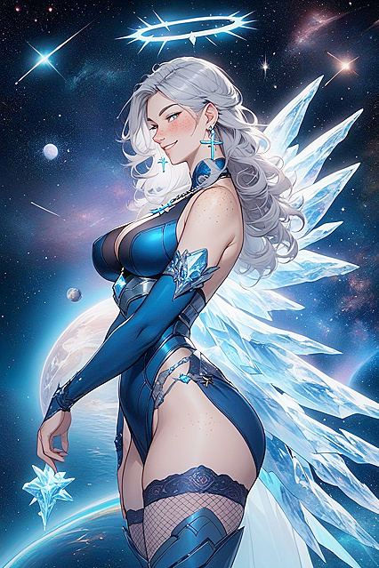 Freckled Beauty with Earrings and Blue Fishnets in Seductive Hentai Picture