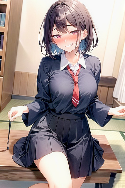 Mischievous Smile and School Uniform – Black-Haired Beauty in hentai AI Picture