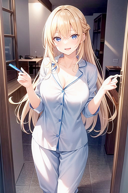 Blonde Beauty in Blue-Eyed Seduction Wears Sexy Pyjamas for Naughty Hentai Fun