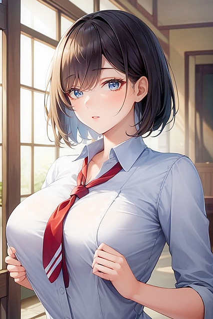 Short-Haired Girl 18+ in School Uniform Shows Off Round Breasts in Hentai Picture
