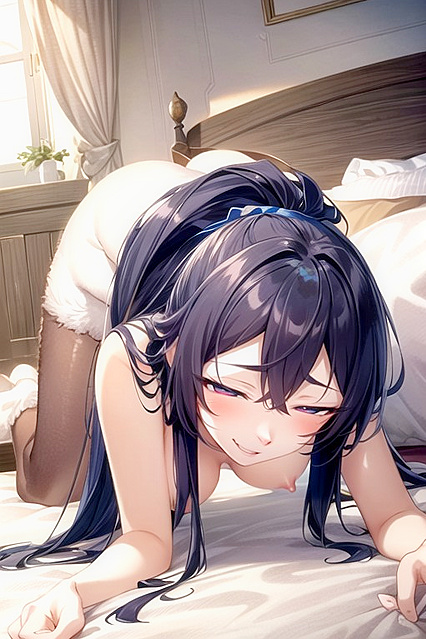 Horny Stocking-clad Beauty Seduces in Hot Bed Hentai Image