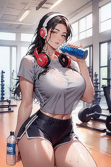 Ultra HD hentai AI porn featuring tight black gym shorts and grey compression shirt