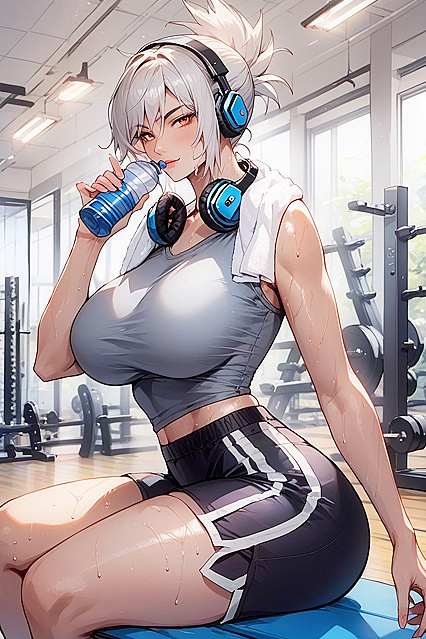 Relaxing Curves – Seductive Woman Holds Water Bottle in Steamy Hentai Image