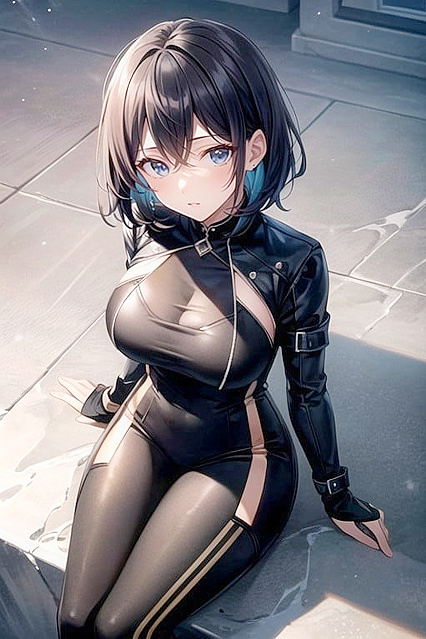 Busty Beauty in Leather Costume Teases in Seductive Hentai Image