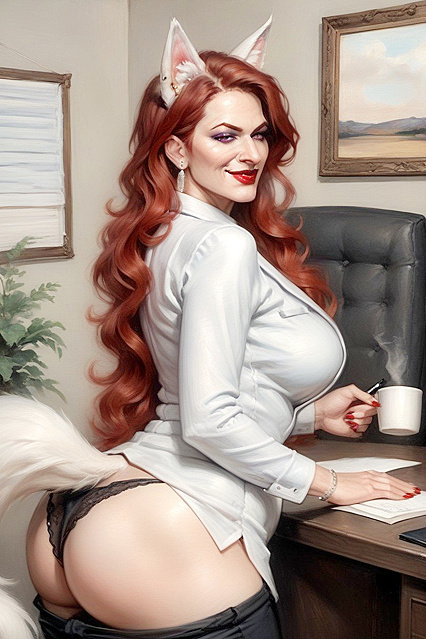 Red-Haired Vixen with Black-Tipped Fox Ears Teasing Her Tongue in Hot Hentai Picture