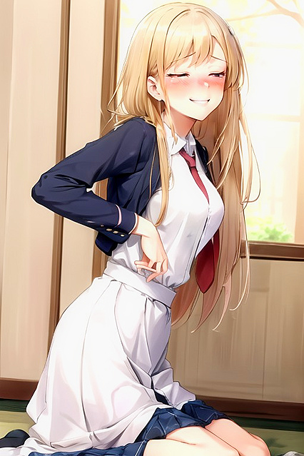 Mischievous Smile and Blush – Kneeling and Squeezing Breasts in Hentai Bliss