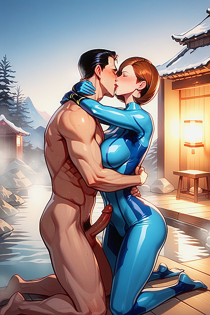Samus Aran Kneels and Hugs in  Metroid Hentai Picture