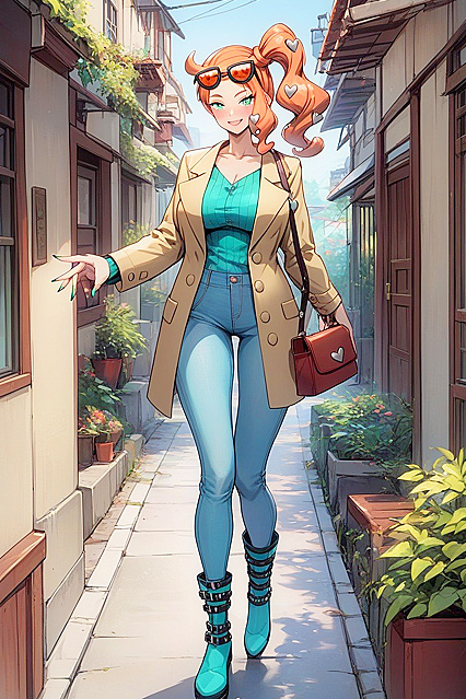 Girl 18+ with Green Shoes and Side Ponytail Teases in Coat for Steamy Hentai Images