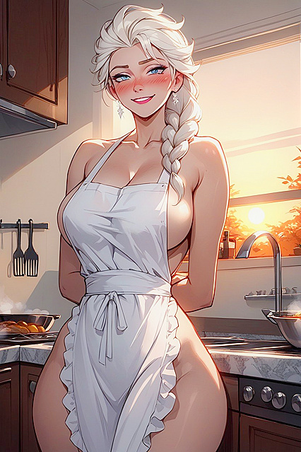 Blushing Girl 18+ in White Apron Shows Off Her Curves in Hentai Pleasure