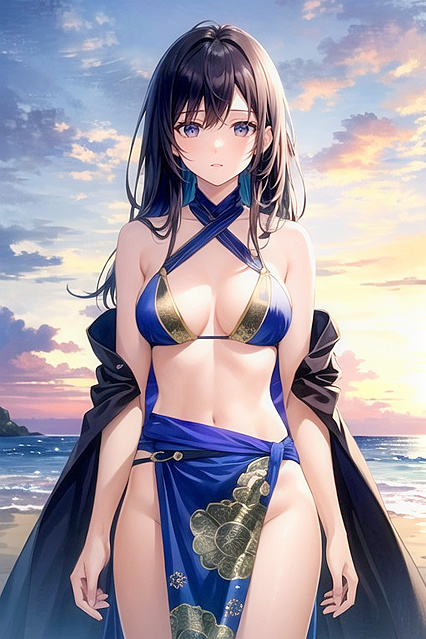 Beachside Blue Hour – Sensual Waist Shots in Steamy Hentai Picture