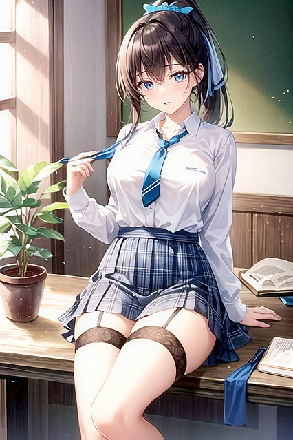 Seductive Miniskirt and Lace Trimmed Legwear with Sparkling Jewelry in Hentai Picture