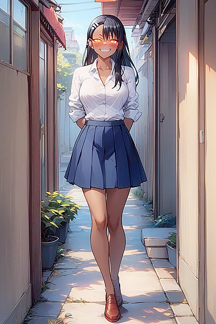 Blushing and Smiling Mischievously in Full-Body Dressed Hentai AI Porn