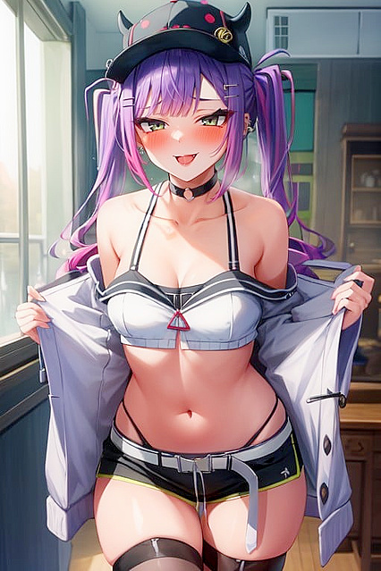 Mischievous Tokoyami Towa Smiles and Blushes with Her Navel Exposed in Horny Hentai Picture