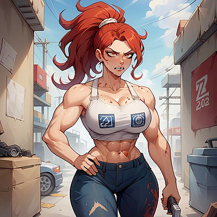 Fit Girl 18+ with High Ponytail Gets Dirty in Oil-Stained Hentai Picture