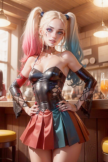 Harley Quinn from Batman Poses provocatively with Hands on Hips in hentai ecstasy