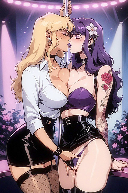Purple-Eyed Beauty Pushes Down Her Skirt for Captivating Cleavage Hentai Picture