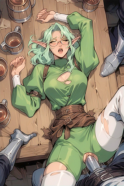 Green-HairedElf's Clothes Torn, Laid Out on Table for Steamy Hentai Picture