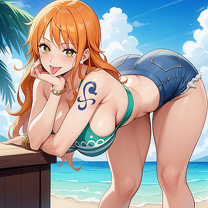 Bend Over in Jean Shorts with a Smiling Mouth Wide Open Hentai Images