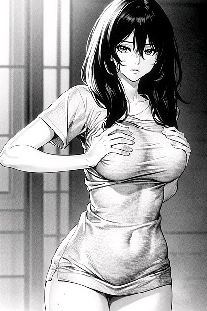 Oversized T-Shirt on Small-Ass Girl 18+ in B&W Manga Style Hentai Picture