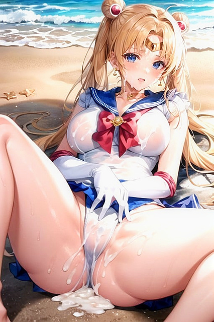 Beach Babe in Swimsuit Masturbates to Ecstasy in Steamy Hentai Image