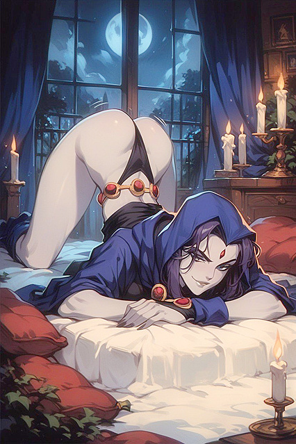 Raven from Titans Lying Face Down for Sultry Nighttime Hentai Pleasure