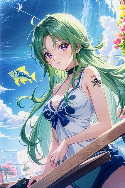 Green-Haired Beauty with Purple Eyes Seduces in Front View Hentai Picture