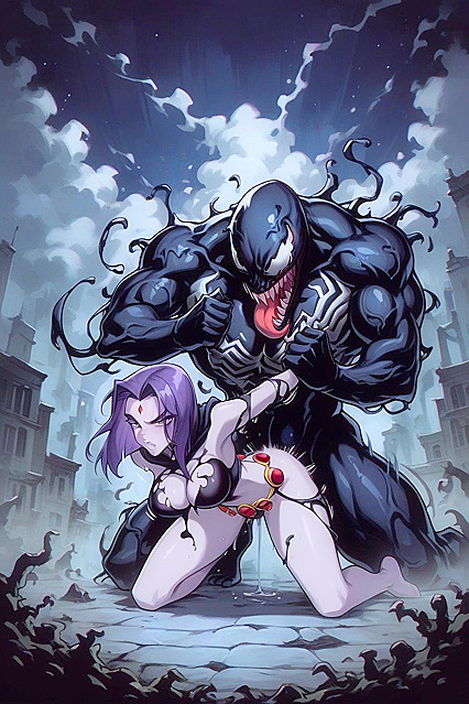 Giant Venom Tentacles Ravish Ravens With Bound Arms in Crater Hentai Image
